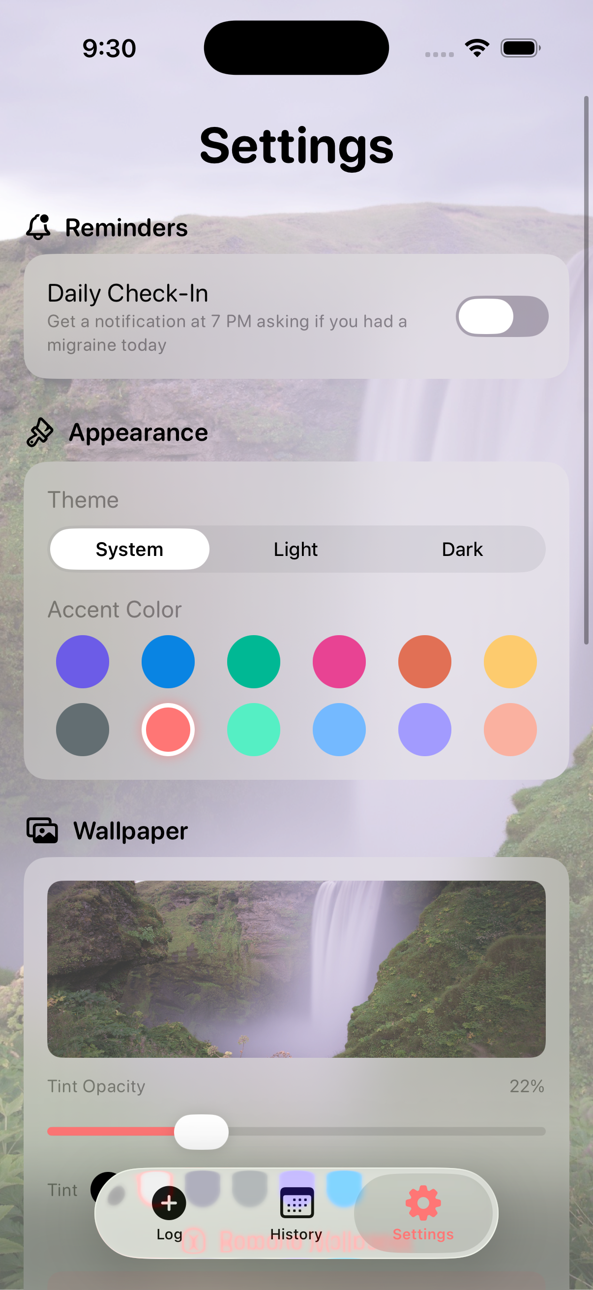 Migraine Logger - Settings screen