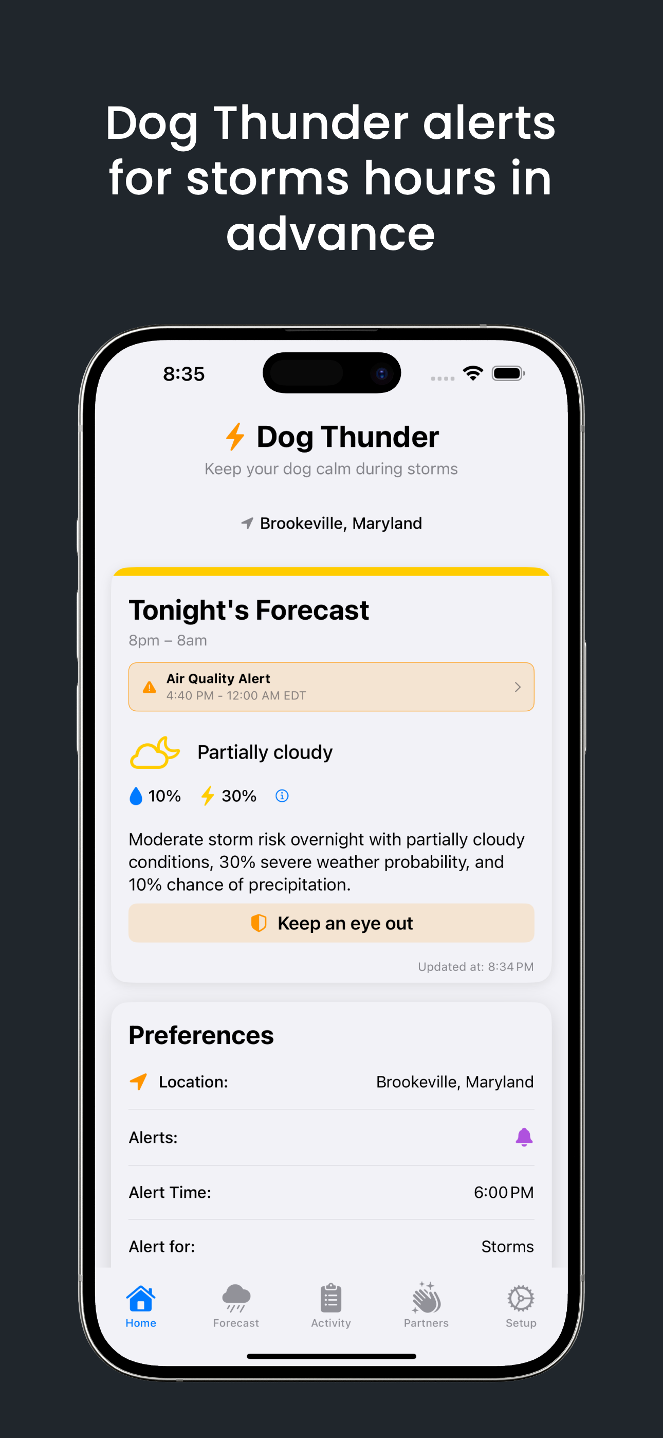 Dog Thunder moderate storm-risk forecast screen